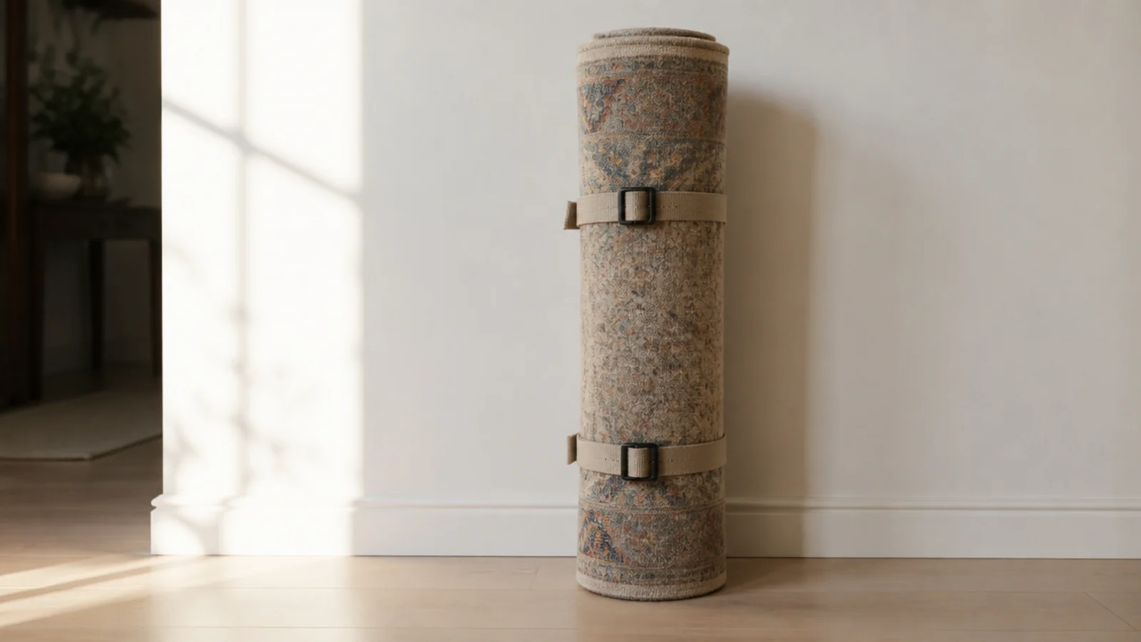 rolled nine by twelve wool rug standing upright against a wall