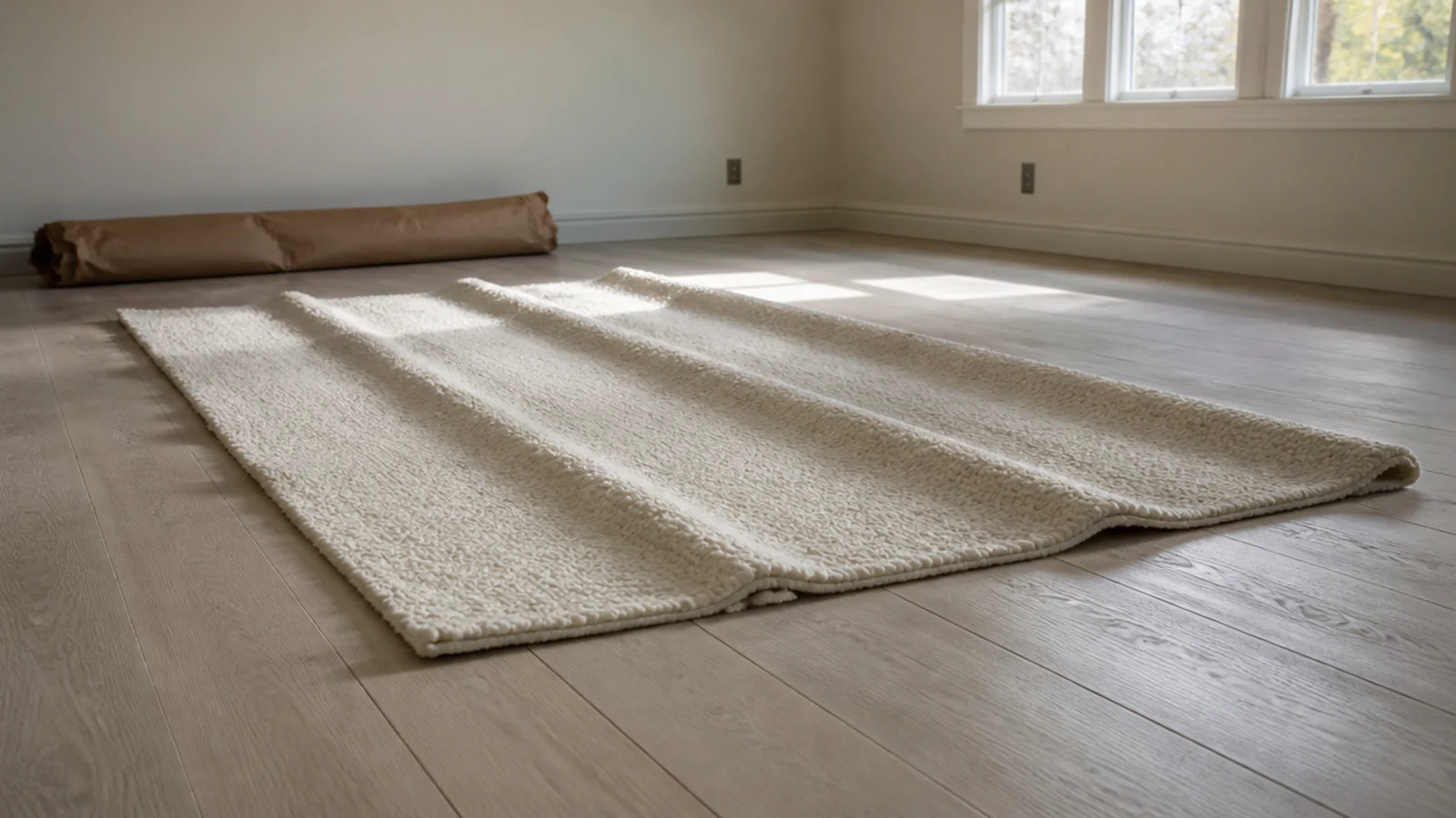 fold ridges still visible across a newly unrolled large rug