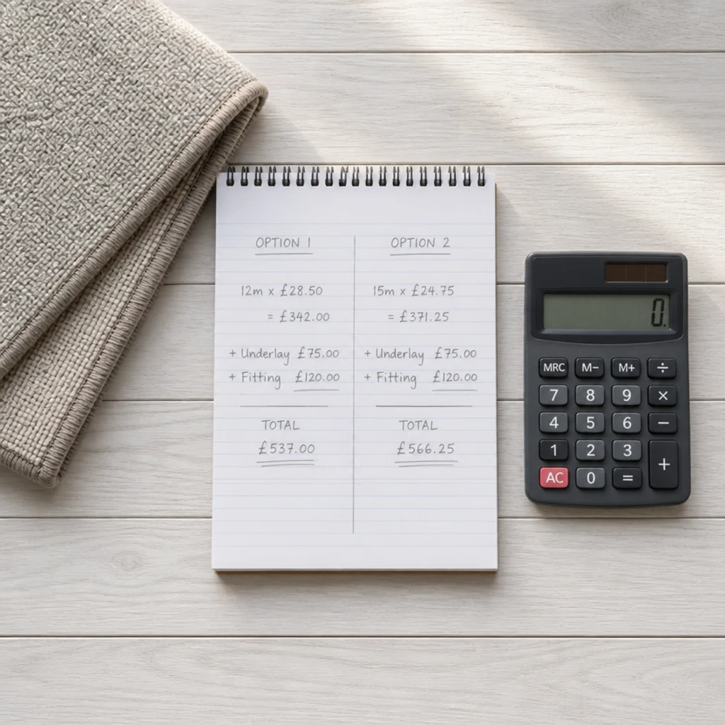 notepad comparing square foot costs of two large rug sizes