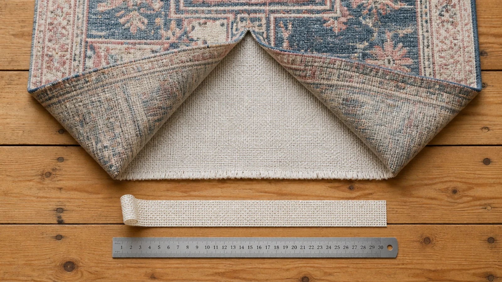 thin flatweave base and thicker top rug fanned out for comparison