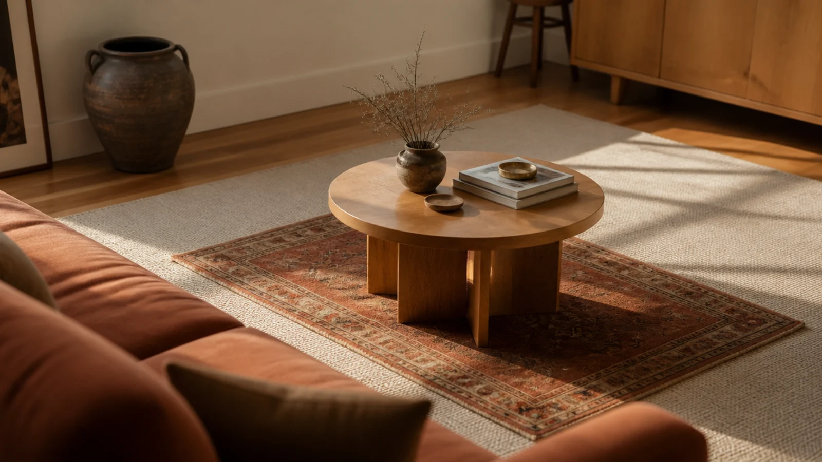 small worn vintage rug centred on a plain ecru flatweave base
