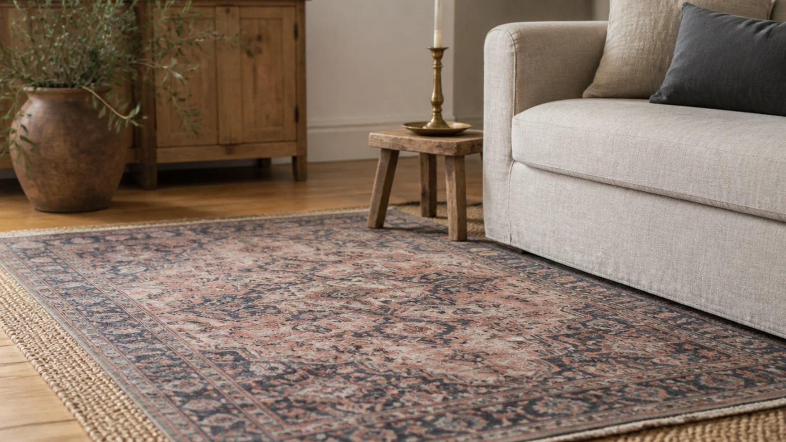 faded persian rug laid over a chunky jute base beside a sofa