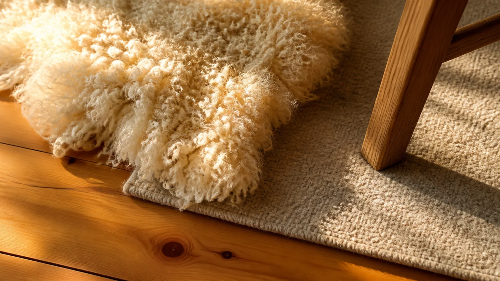 ivory sheepskin draped across the corner of a low pile wool rug