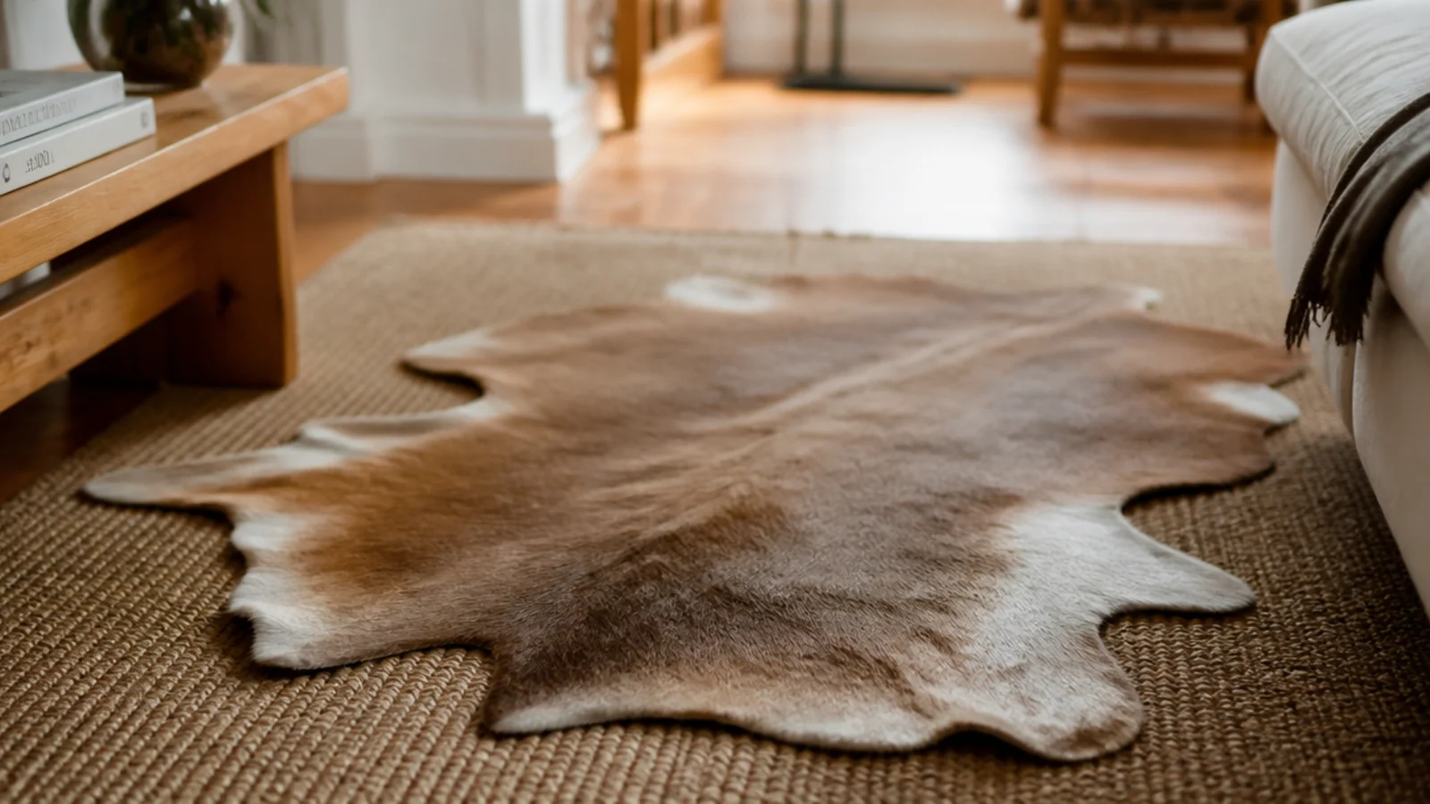 irregular hide laid at an angle across a woven sisal base rug