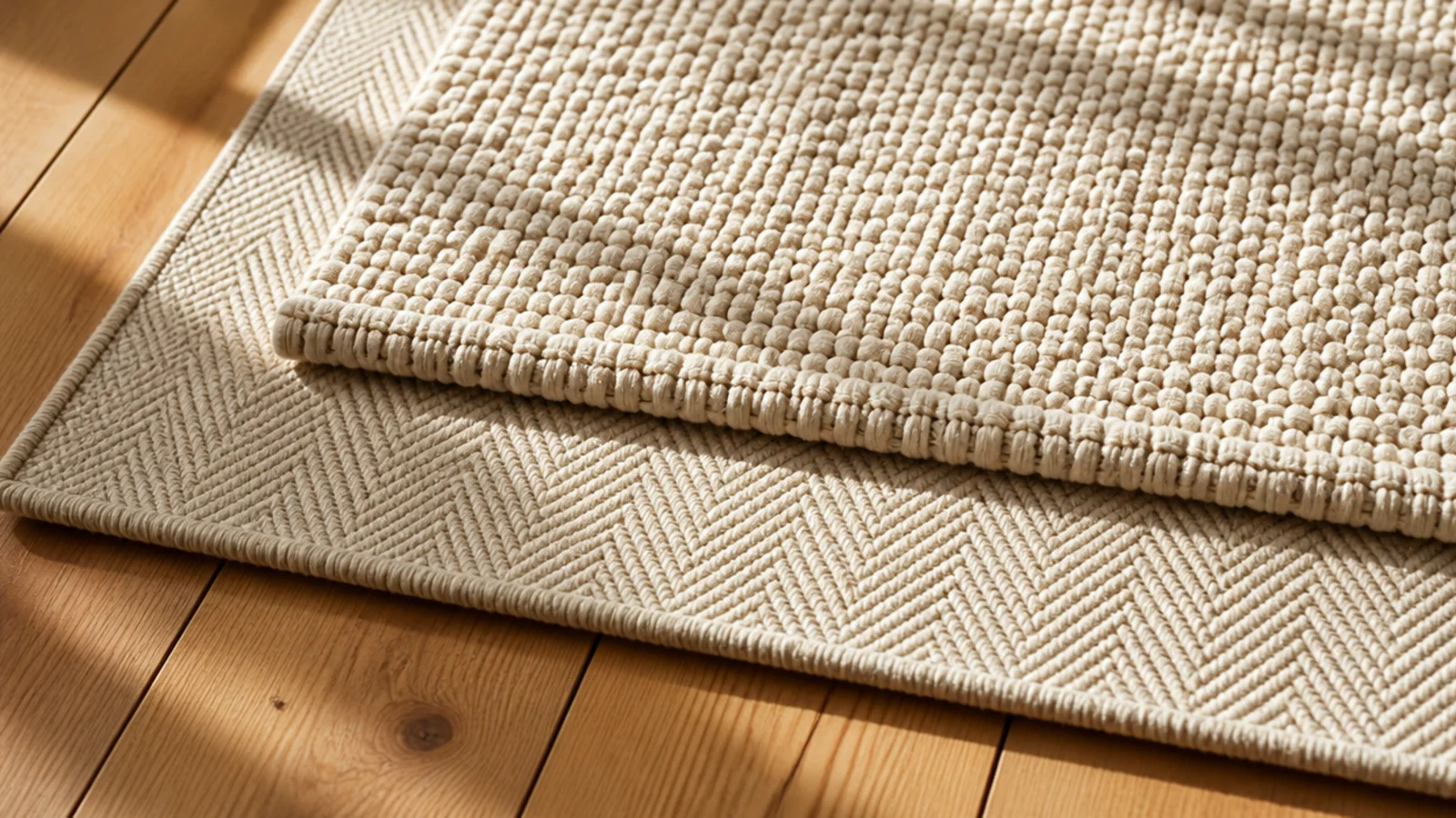 two ecru flatweave rugs layered showing different weave structures