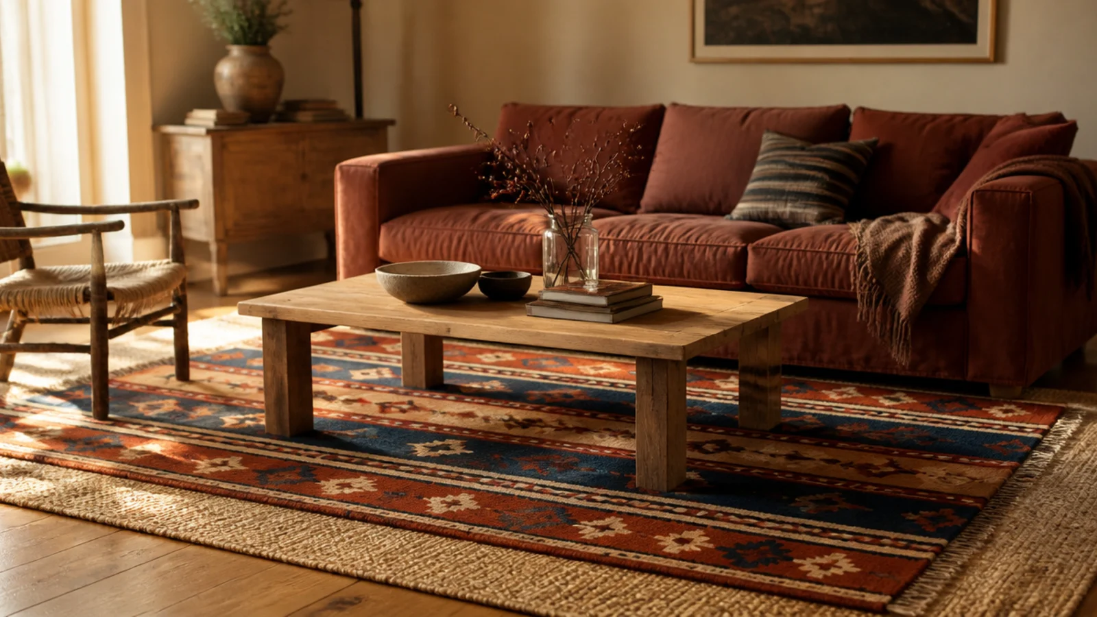 bold striped kilim layered over a pale sisal base in a sitting room