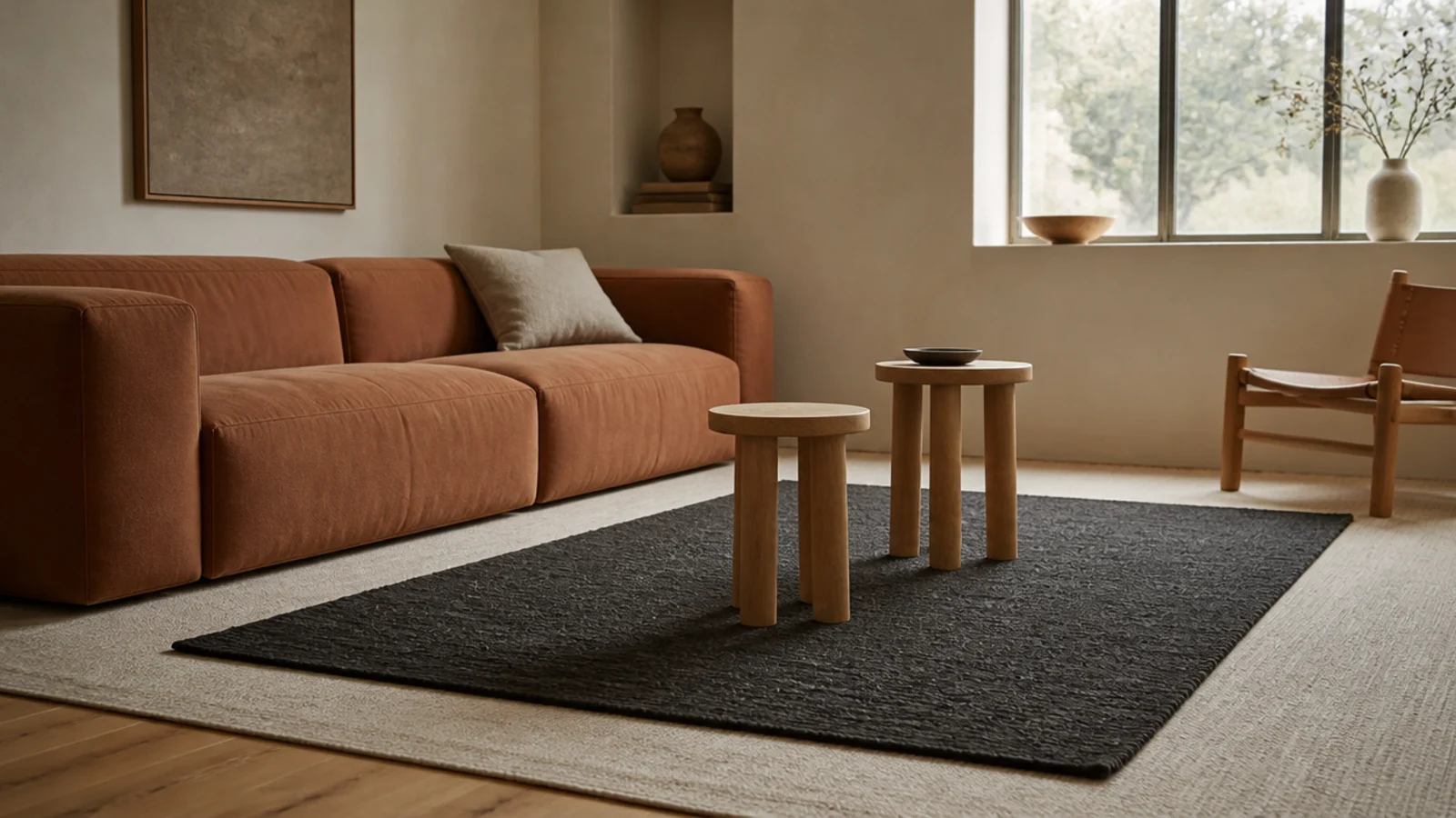 dark charcoal rug centred on a pale cream base rug on pine floors