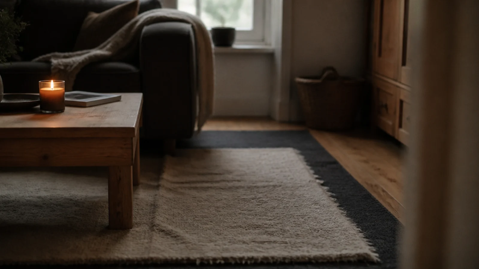pale wool rug glowing on a dark flatweave base under a coffee table