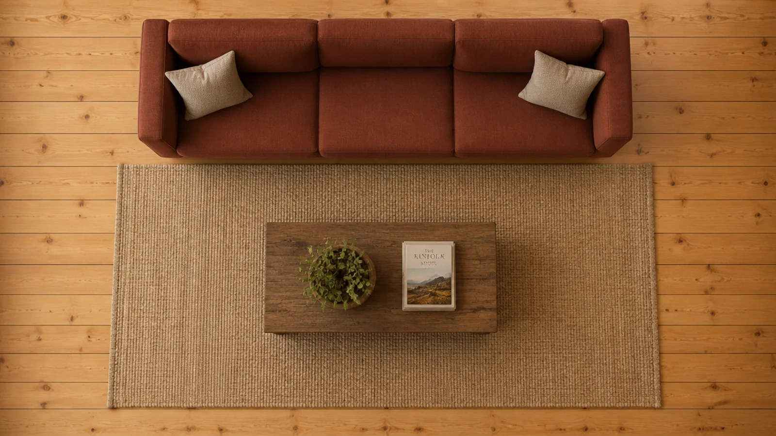 top rug deliberately shifted forward toward the front of a sofa