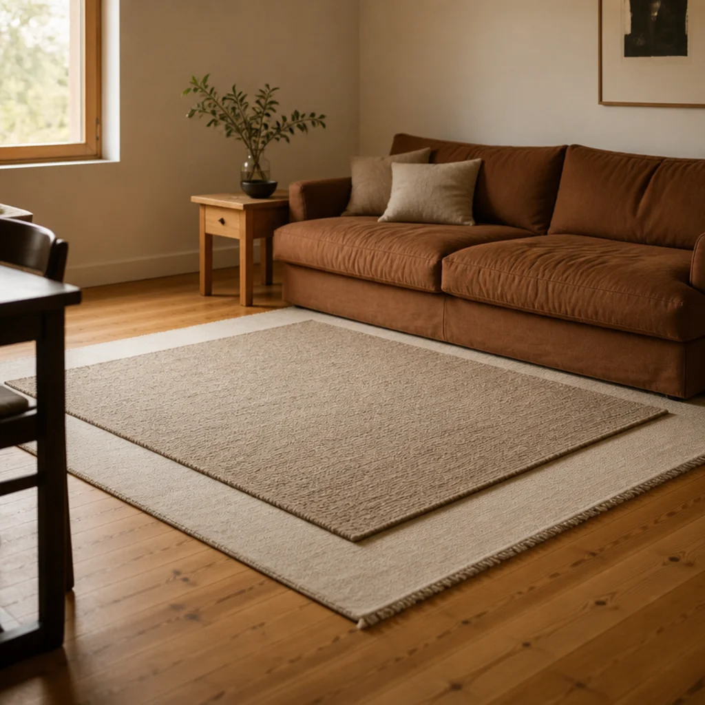 square wool rug placed centrally on a longer rectangular base rug