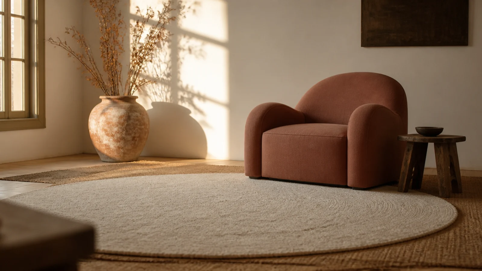 round wool rug resting centrally on a wide rectangular jute base