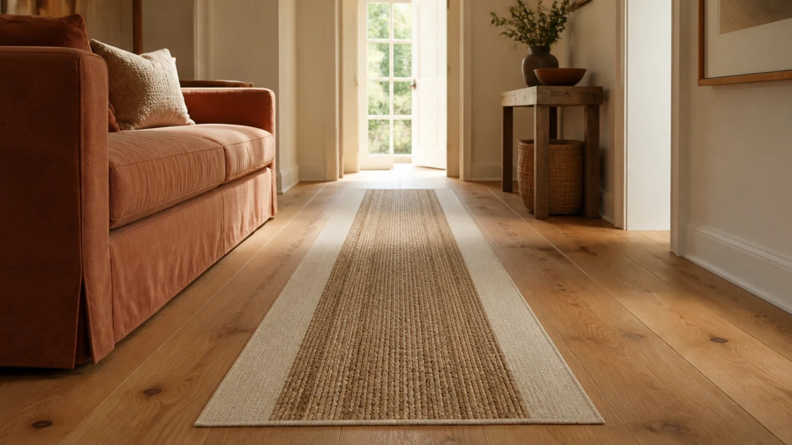narrow runner laid over a wide base rug along a walking route