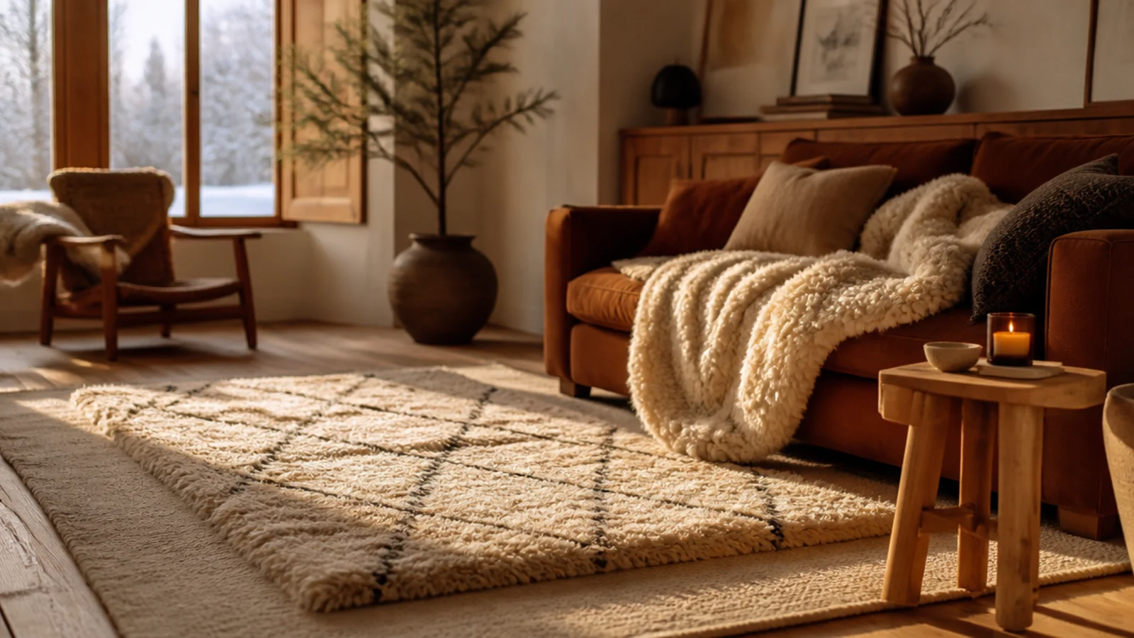 thick cream moroccan shag layered on a flat woven base rug