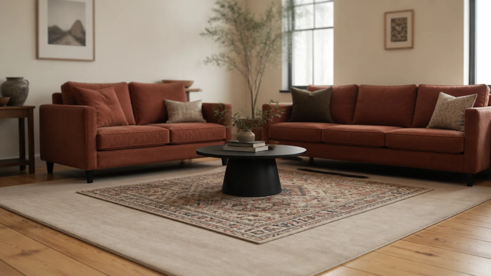 undersized rug corrected by a larger base rug beneath it