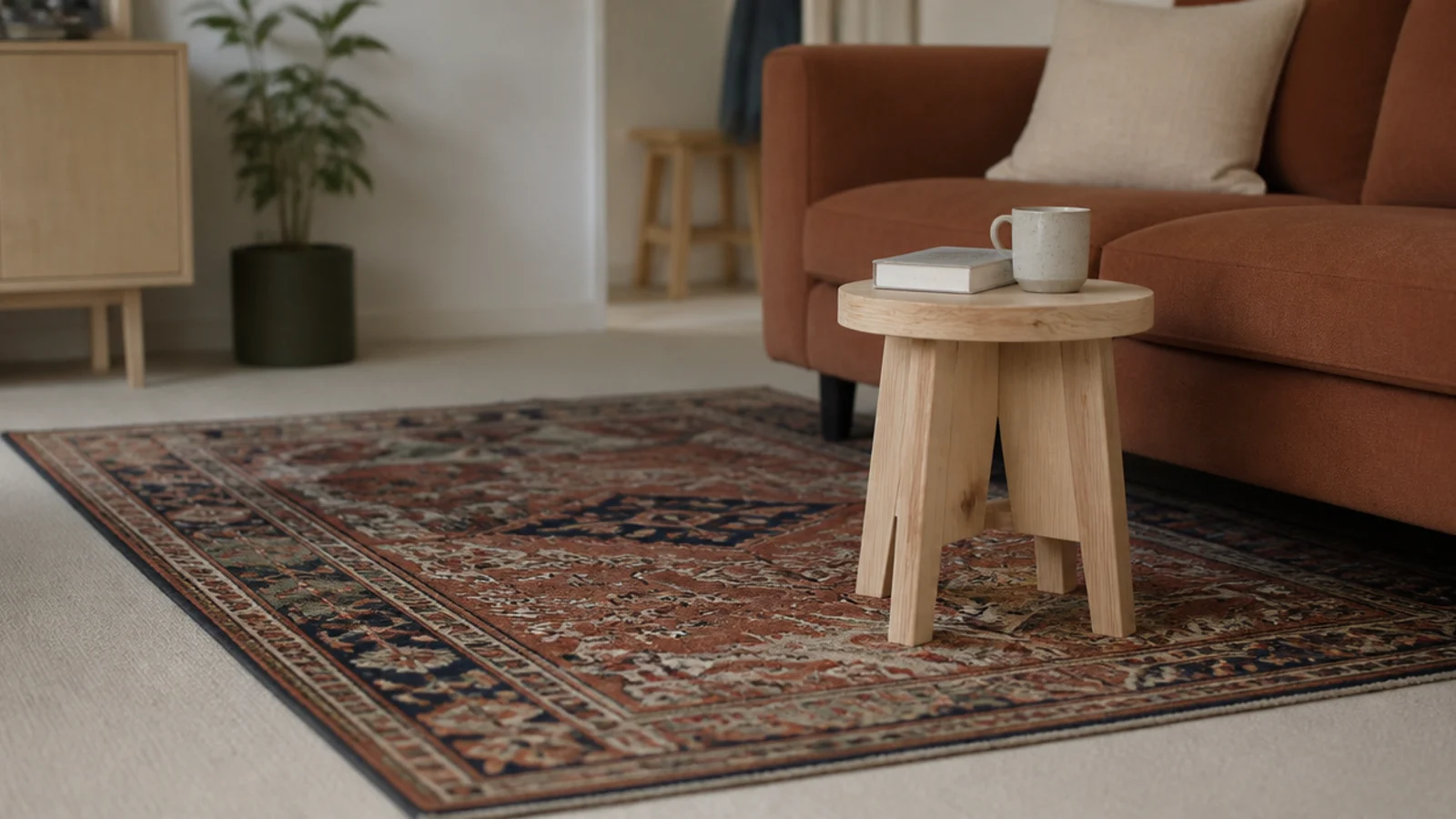 wool rug layered over beige rental carpet with a felt underlay