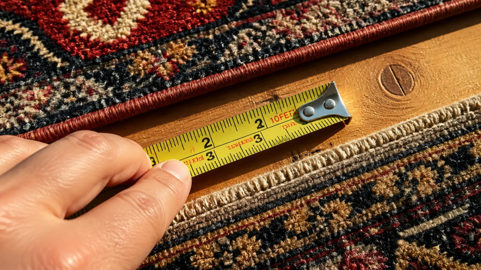 tape measure checking the reveal width between two layered rugs