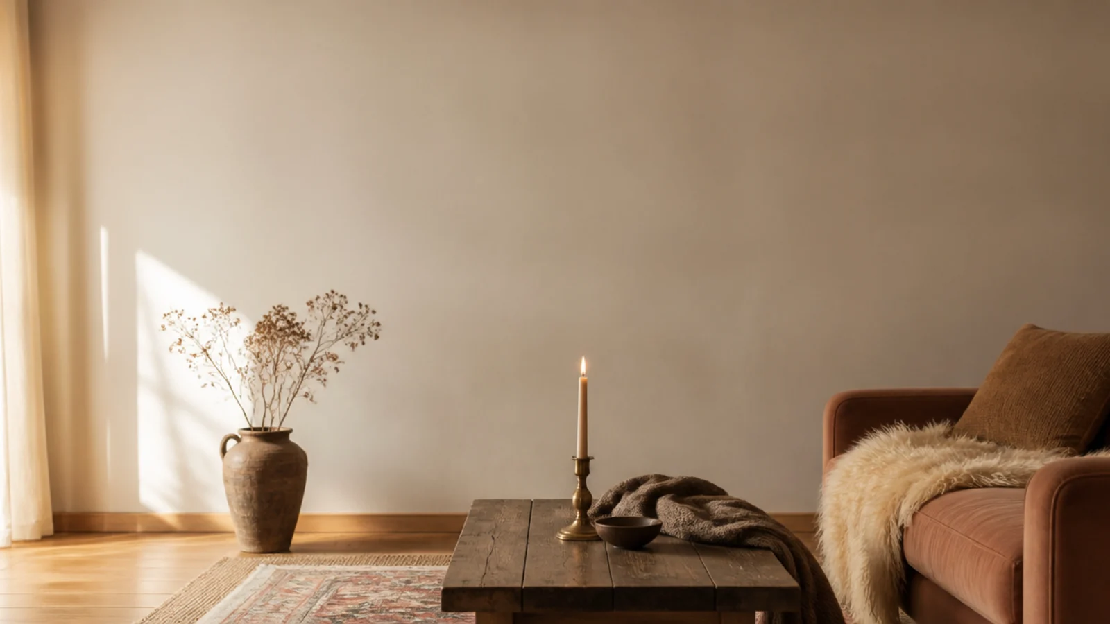 tall view of layered rugs in a living room over warm pine flooring