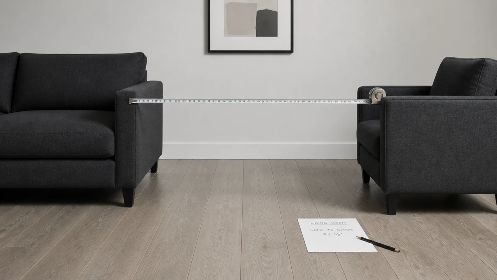 tape measure pulled across a seating group on bare timber boards