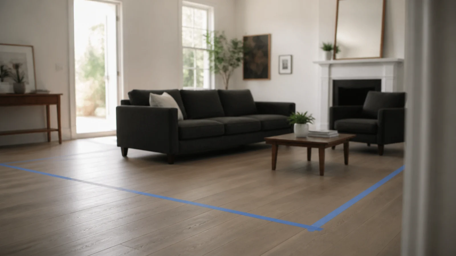 painter tape outlining a planned base rug rectangle on a floor