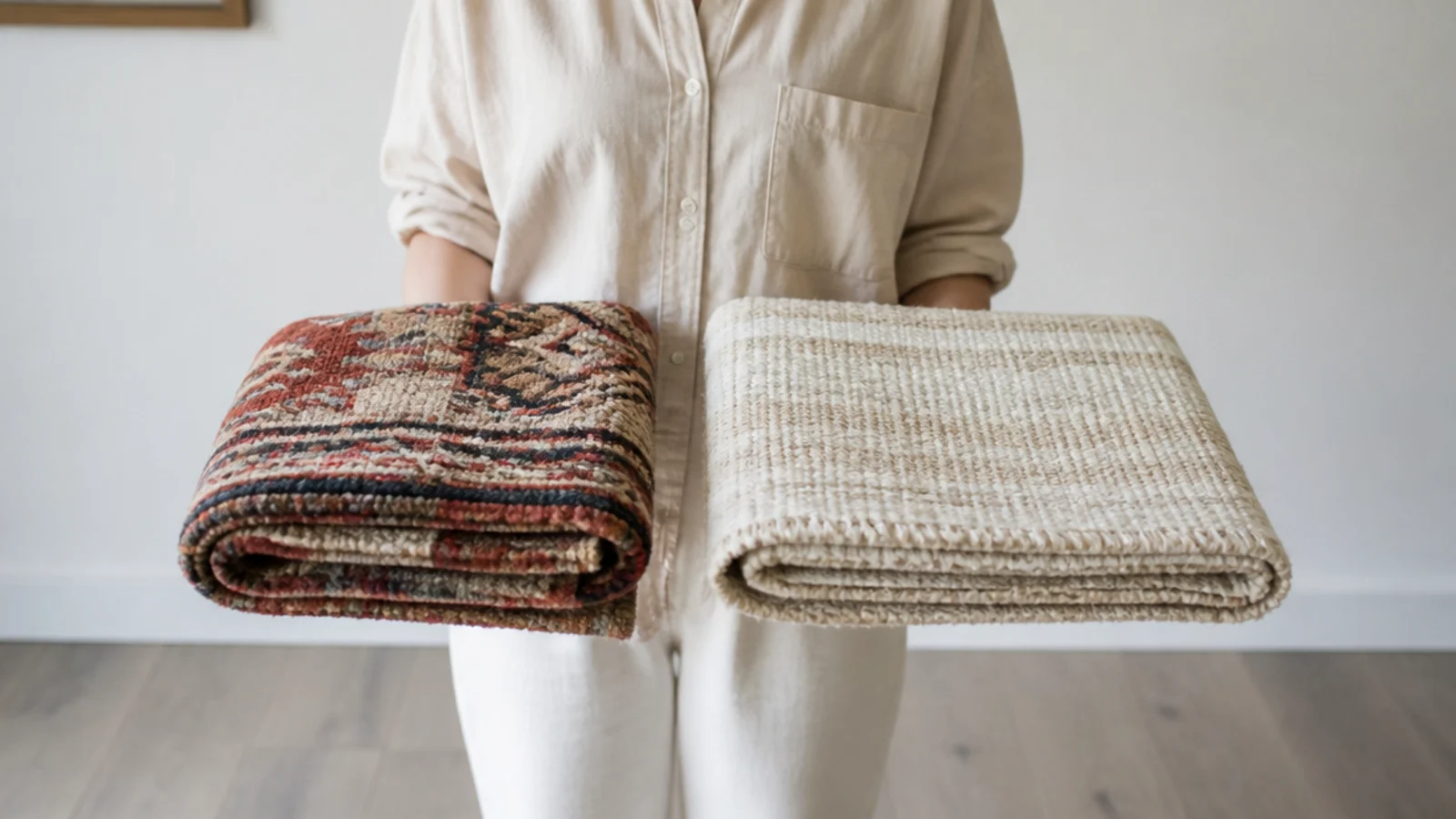 two rugs held up together to compare their relative dimensions