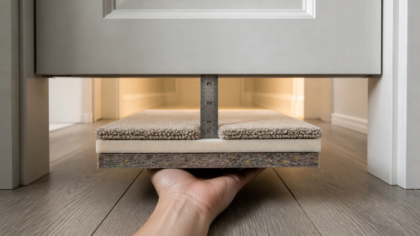 stacked rug samples and pad held under a swinging interior door