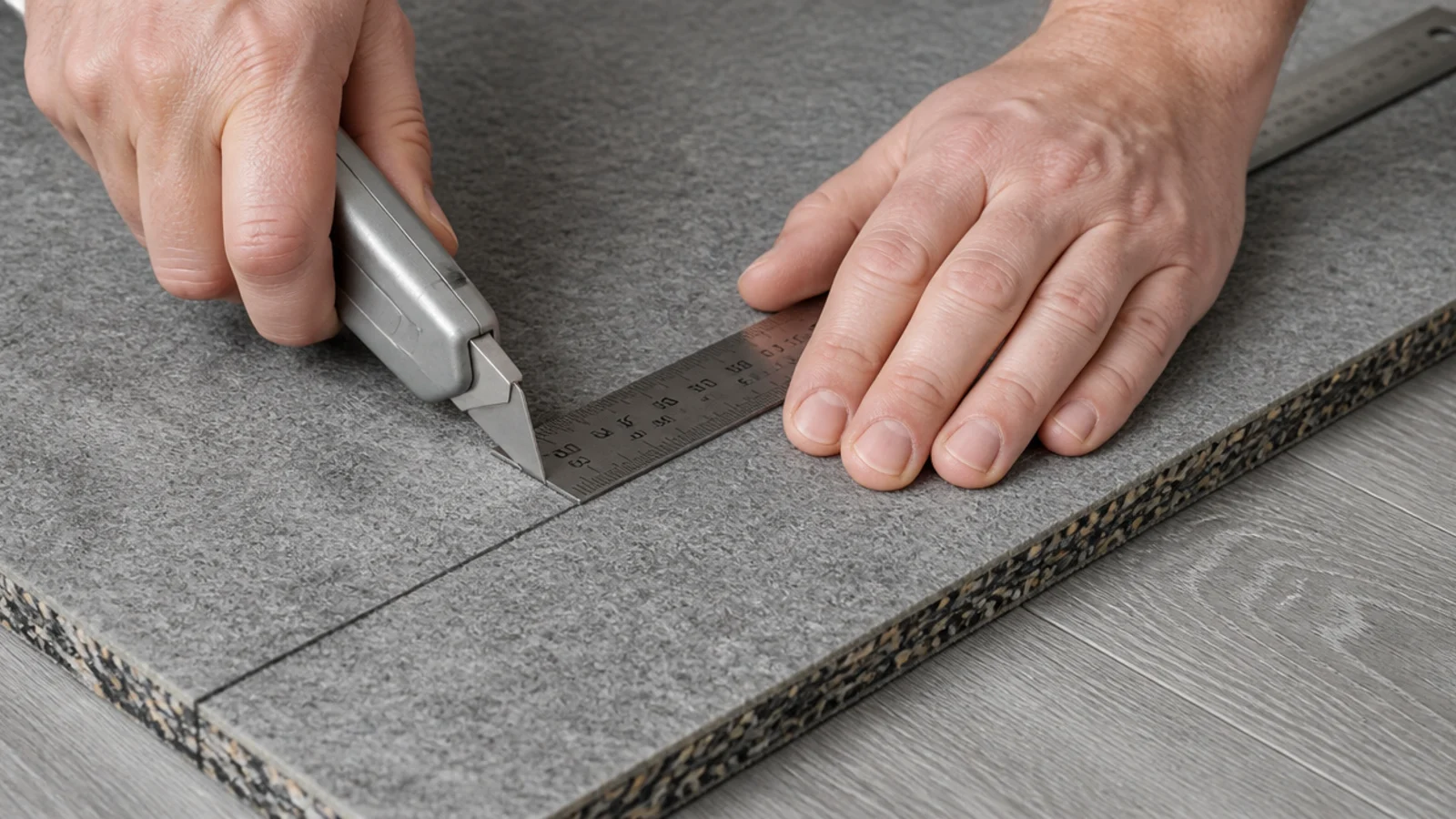felt and rubber pad being trimmed against a long steel straightedge