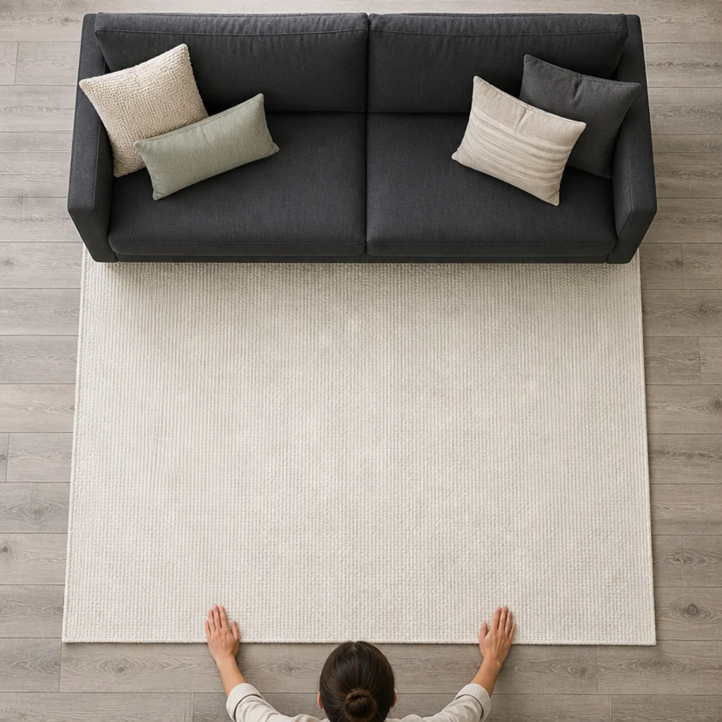 base rug being aligned parallel with the back line of a sofa