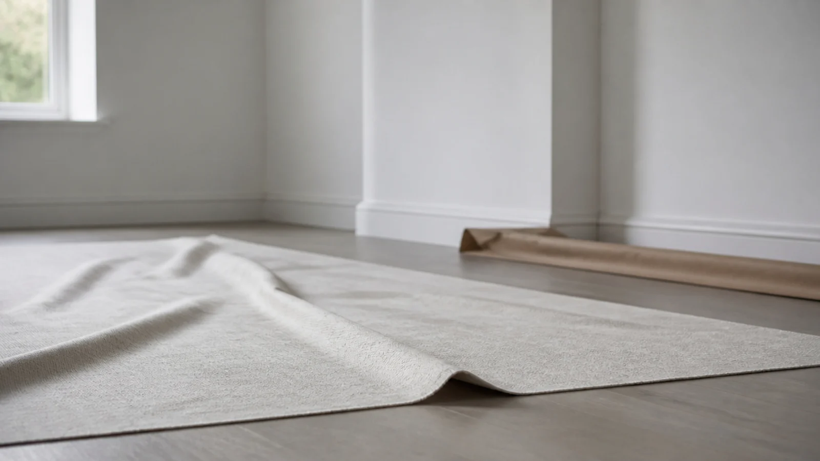 fold creases still visible across a newly laid base rug surface
