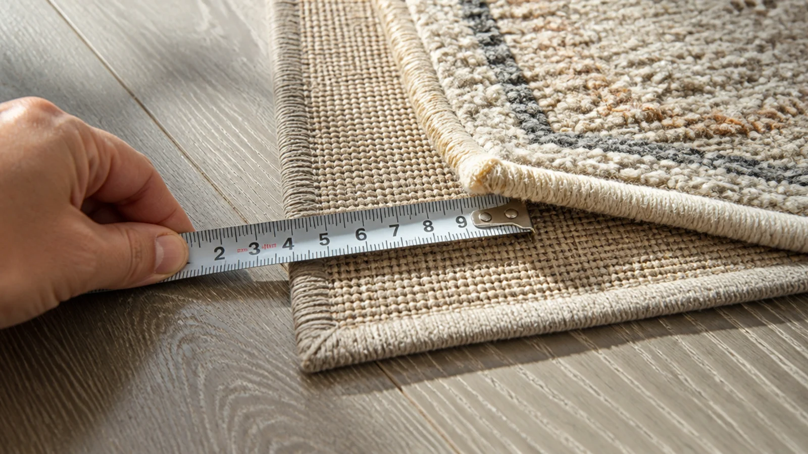 tape measure checking the gap between top and base rug edges