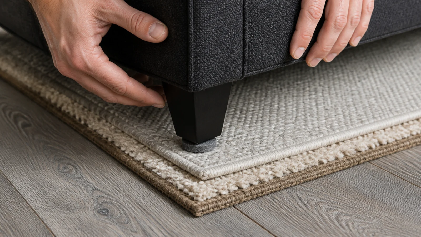 sofa foot lowered onto a rug corner with a felt glide beneath