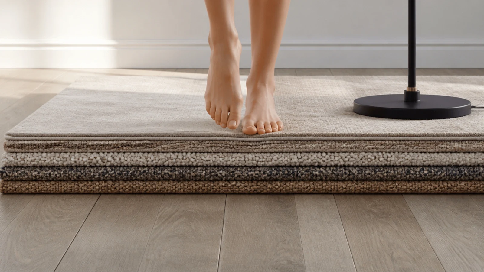 bare feet crossing a layered rug to test for movement underfoot