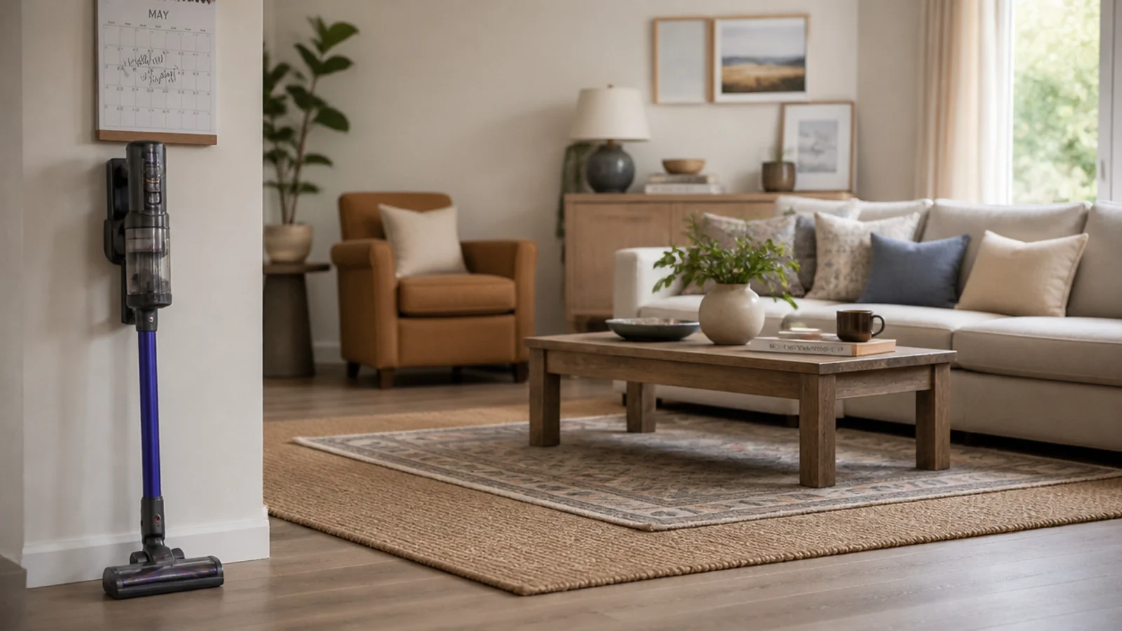 calendar note and vacuum standing beside a finished layered floor