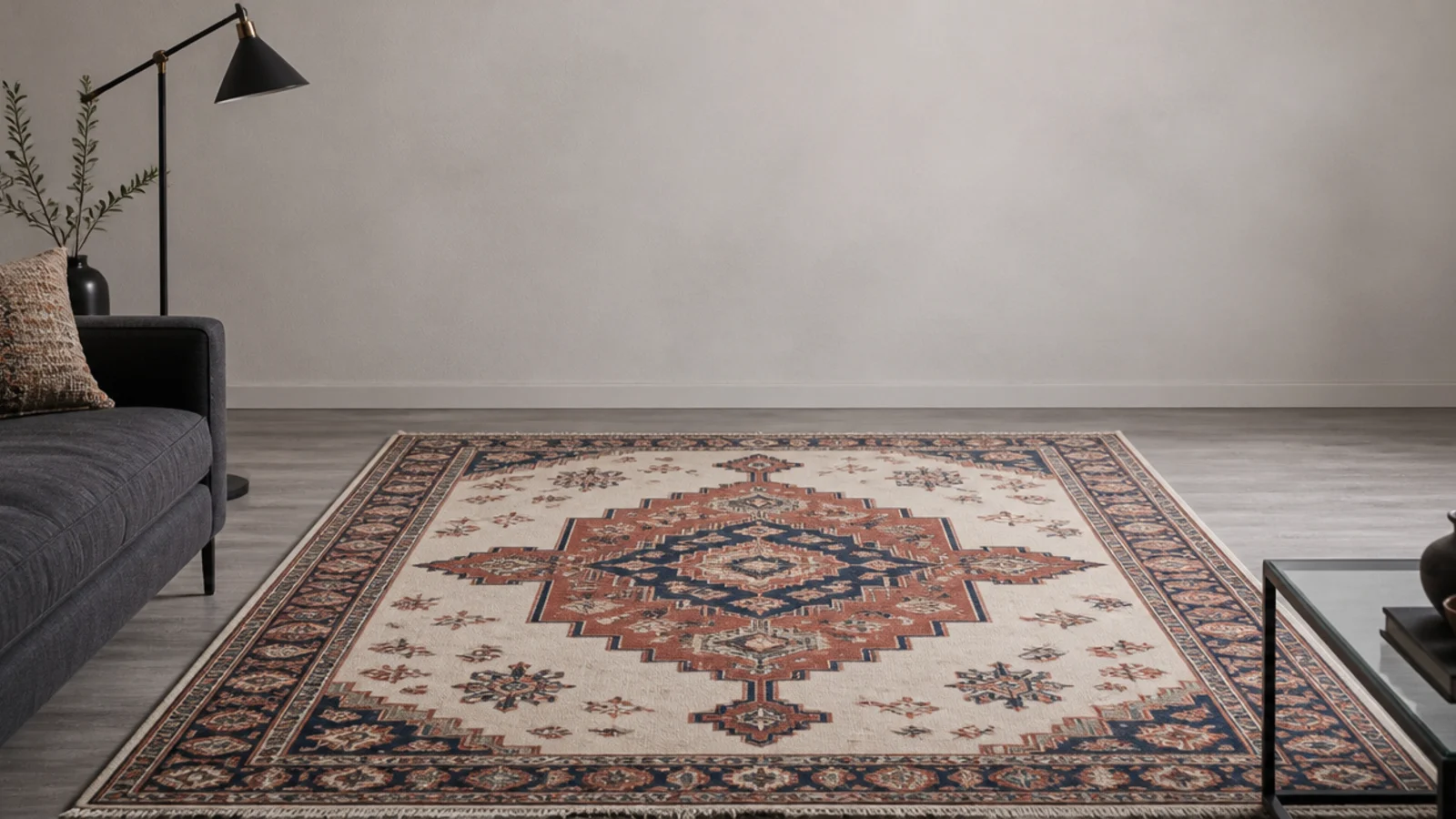 tall view of a layered rug build over grey washed oak in daylight