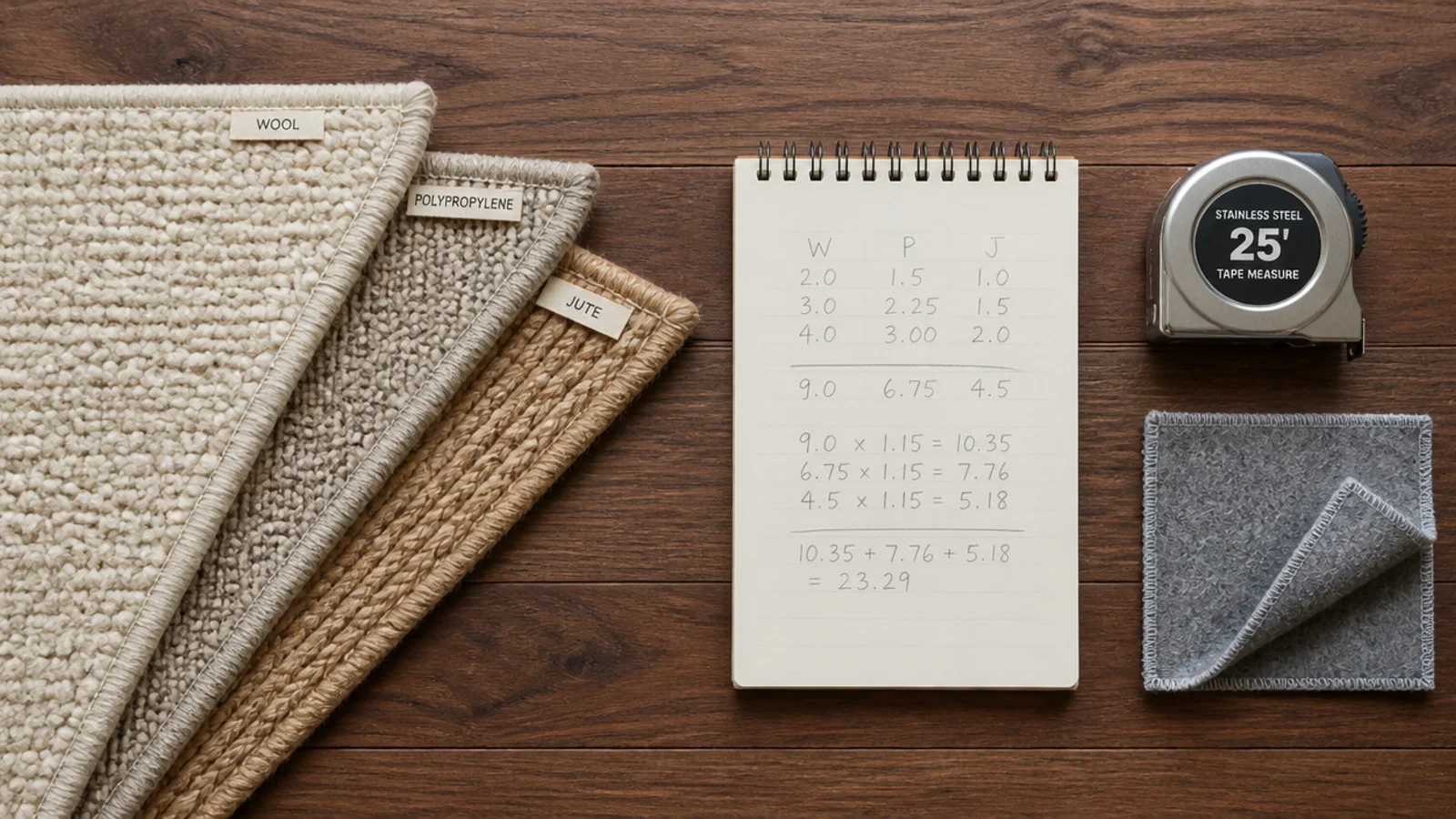 calculator notepad and rug samples laid out on a walnut floor