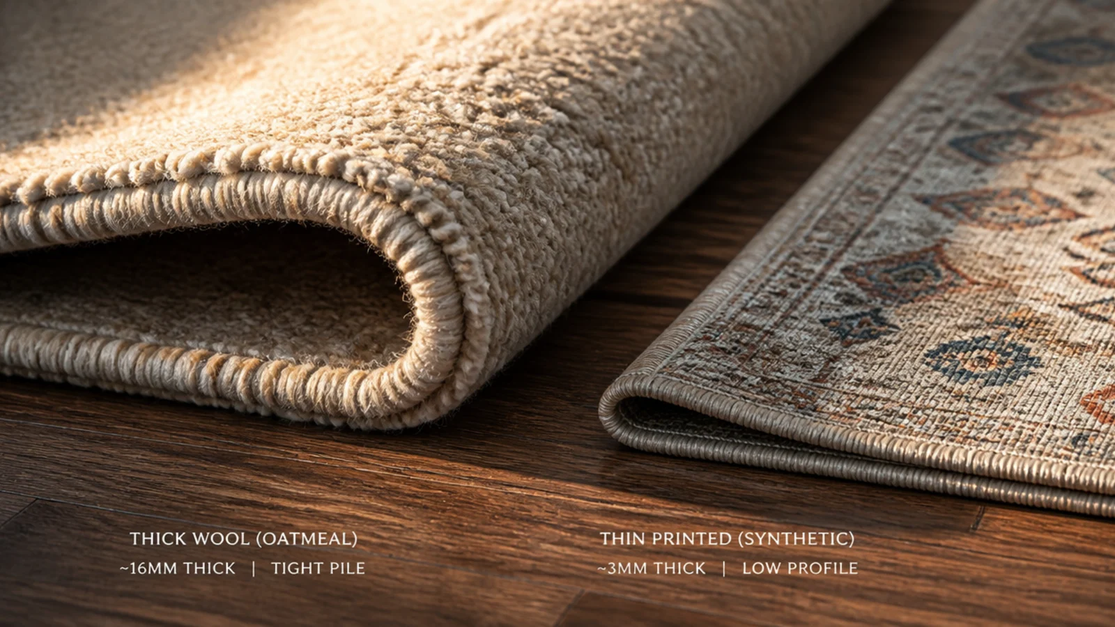 two rug swatches side by side showing dense and thin pile construction
