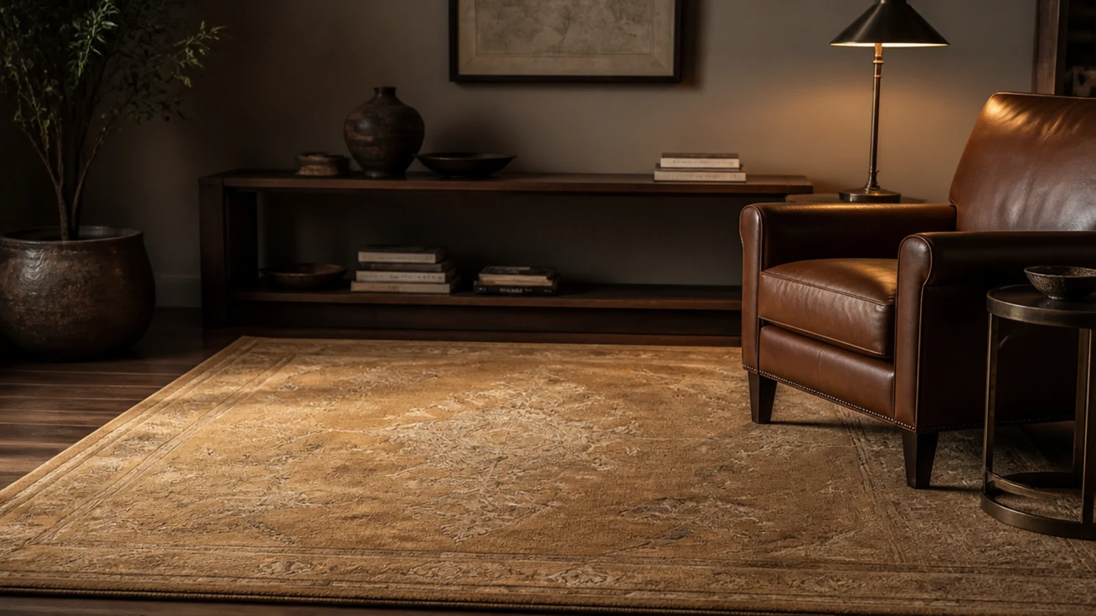 hand knotted wool rug under a low walnut table in warm lamplight