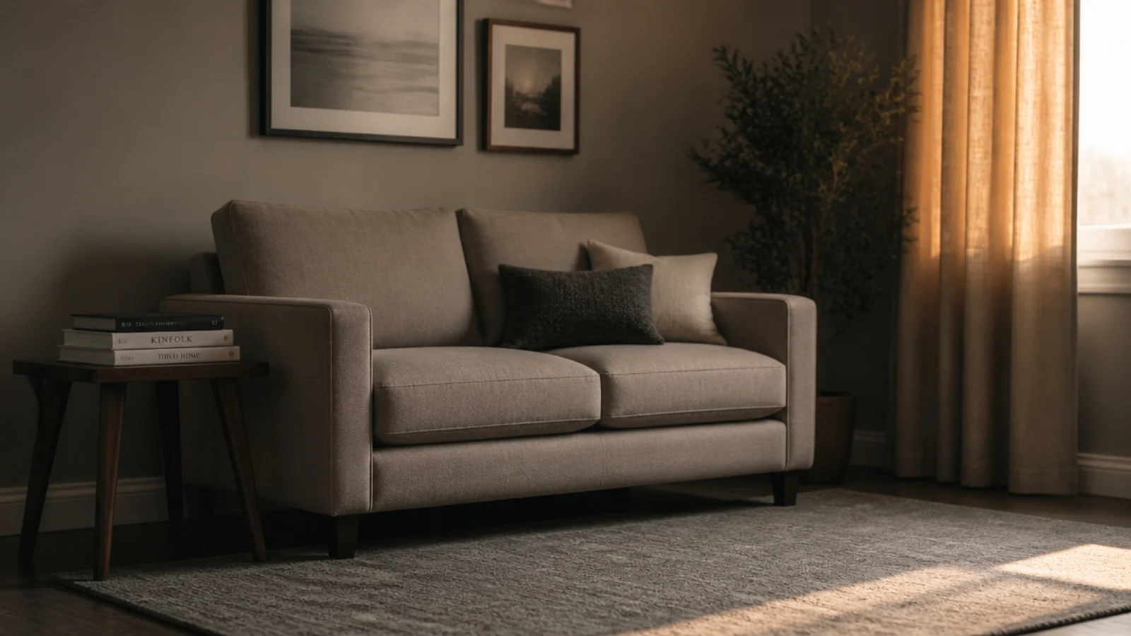 machine woven wool blend rug in a small greige walled sitting room
