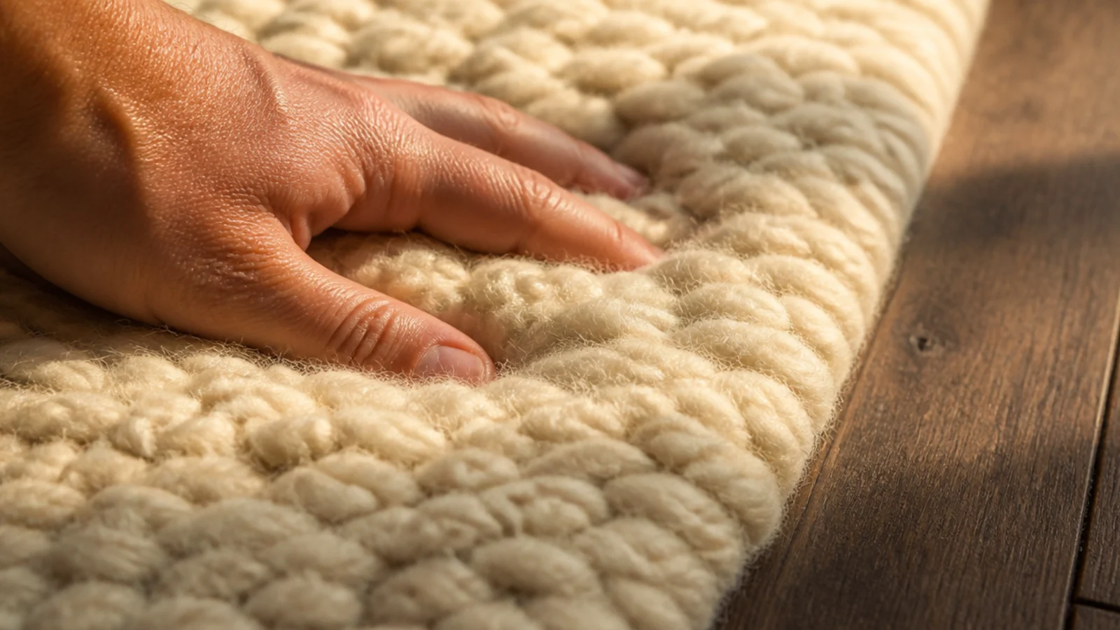 fingers pressing into deep wool pile to test its density and recovery