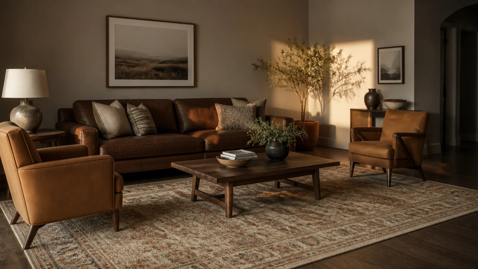 single large wool rug unifying a wide seating group on walnut floors