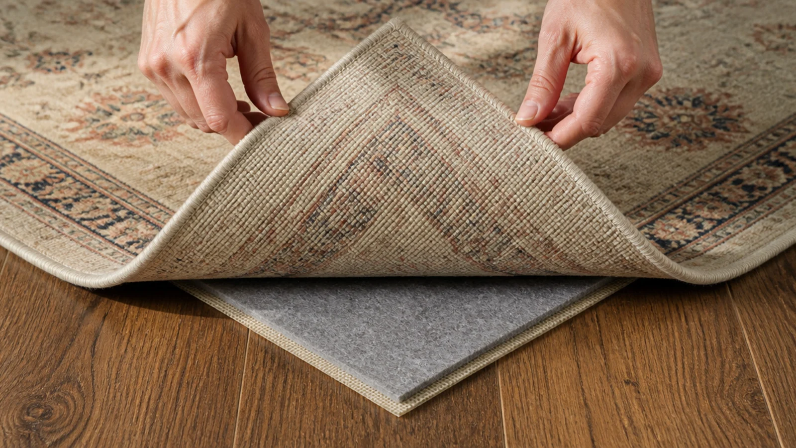 quarter inch felt and rubber pad partly rolled back beneath a rug