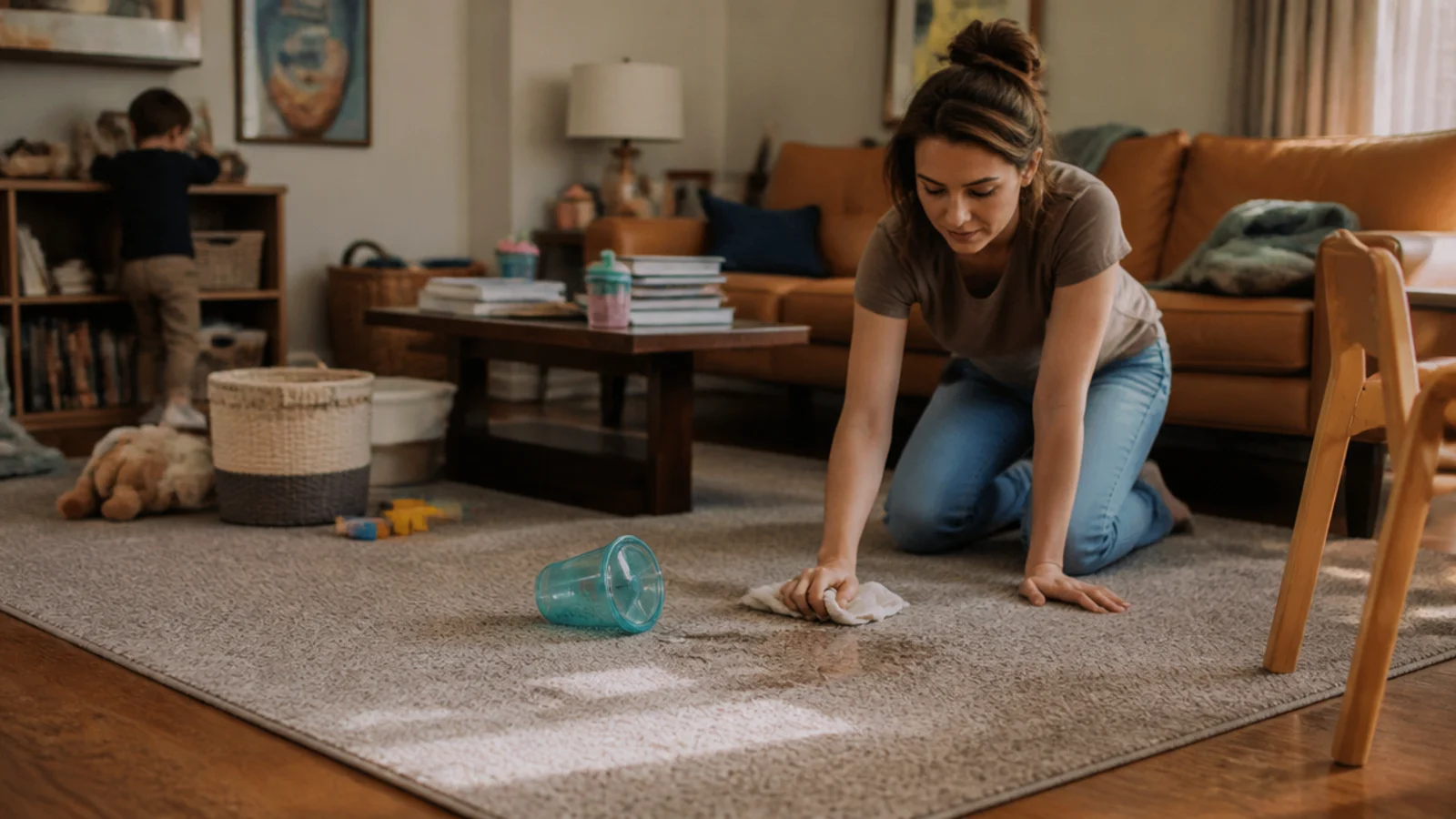 polypropylene rug under a family sofa with a spilled glass nearby