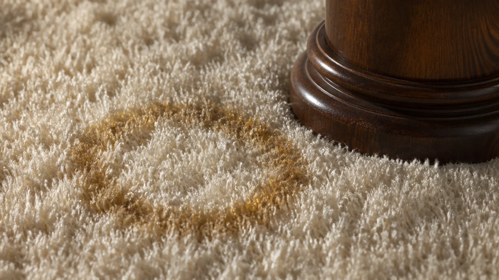 viscose rug pile showing a permanent water mark near a table leg