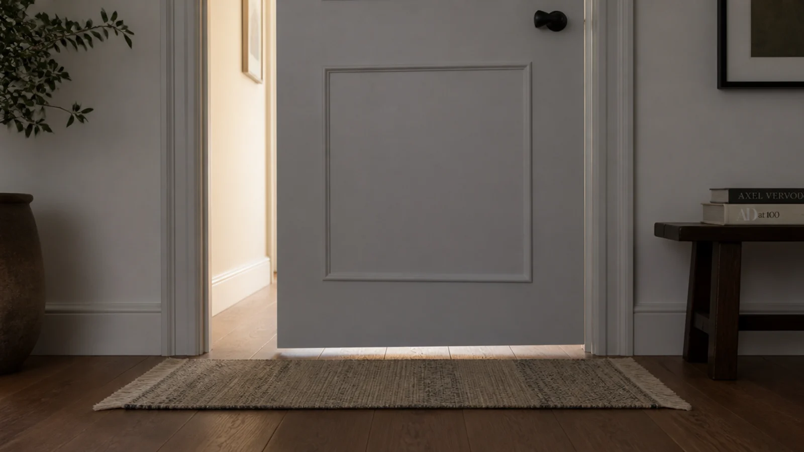 thin flatweave rug clearing a swinging door by a visible margin