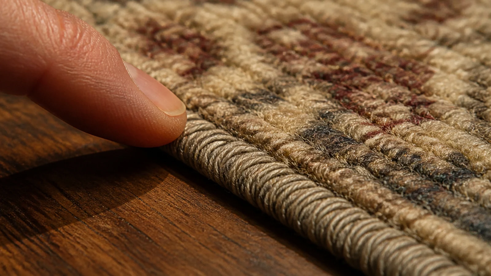 hand tracing tightly serged binding along the edge of a wool rug