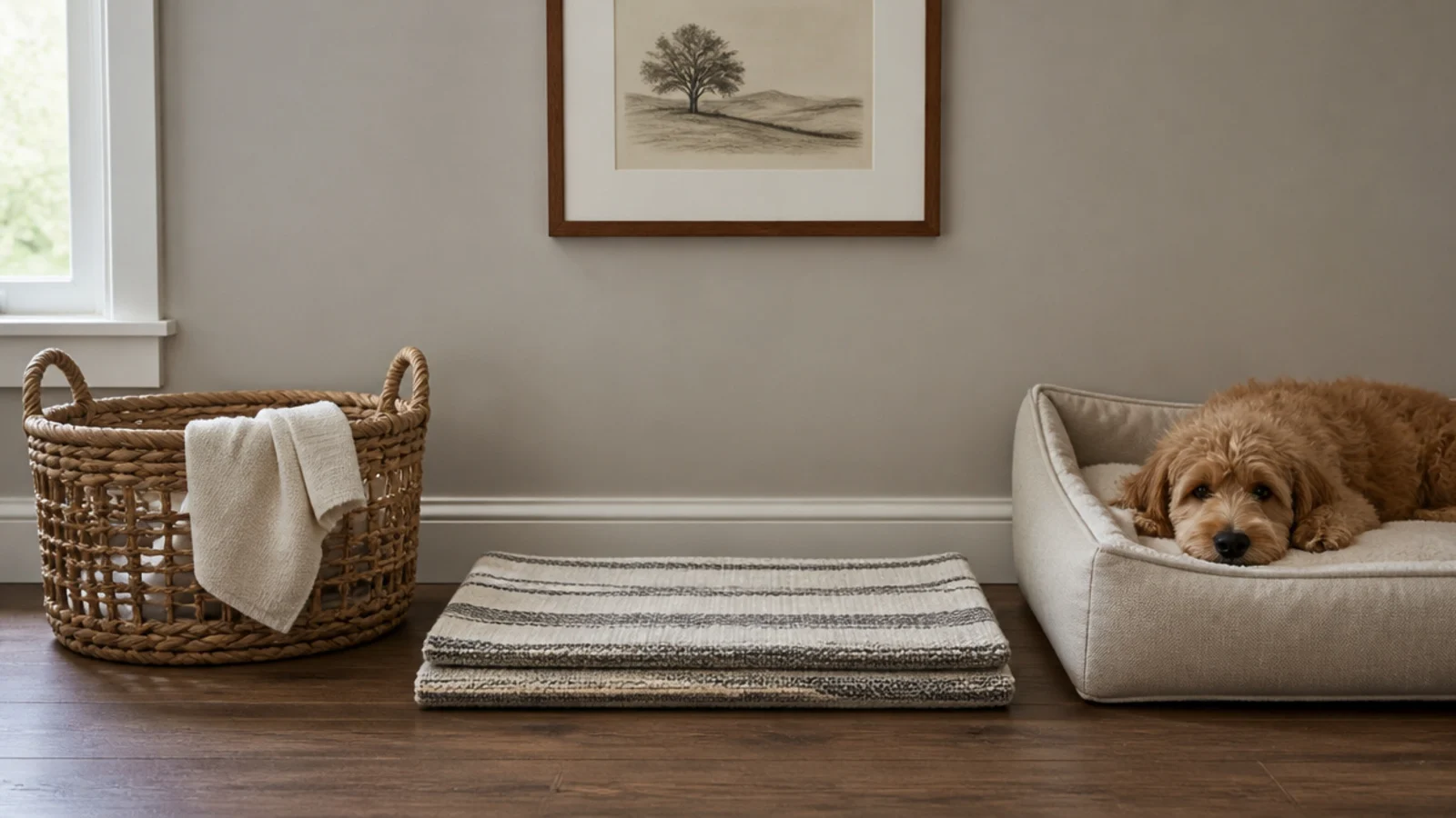 cotton flatweave rug folded ready for the machine beside a dog bed