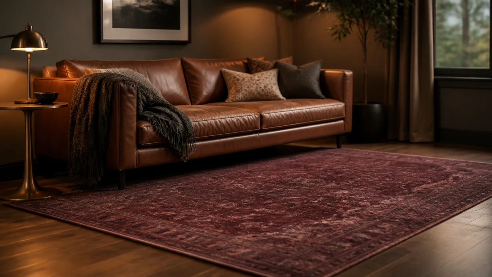 overdyed vintage wool rug in deep plum under a leather sofa