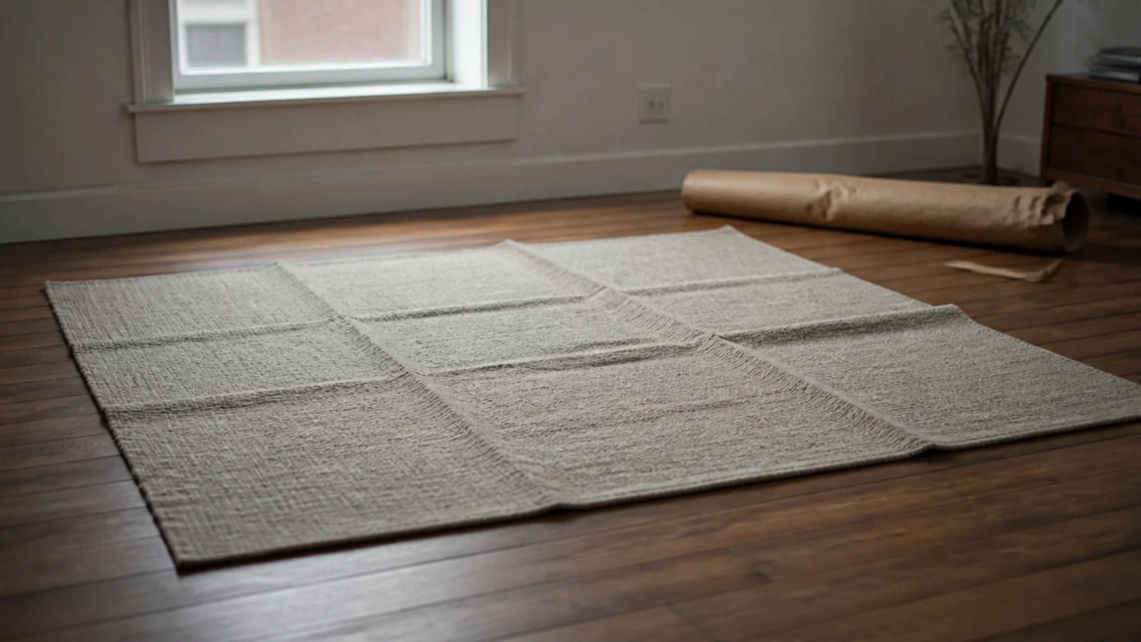 unrolled rug still creased on the floor beside its shipping wrap