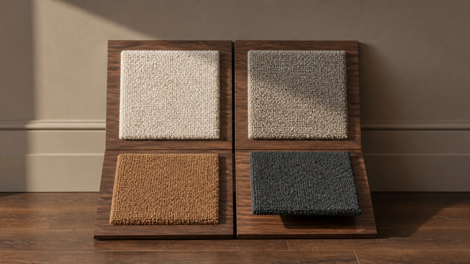 small rug samples arranged against a walnut floor and taupe wall