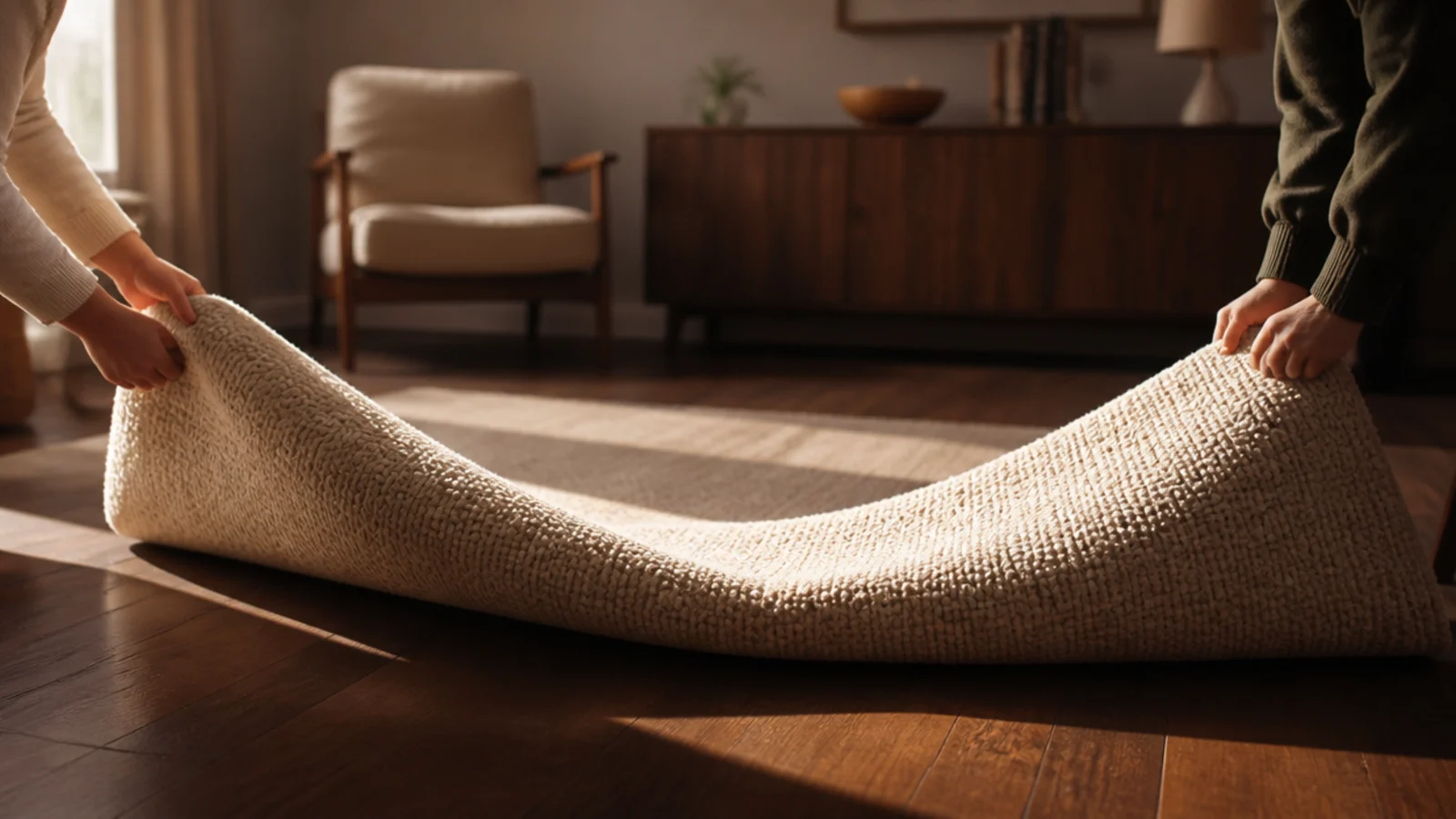 two people turning a large wool rug halfway round a living room