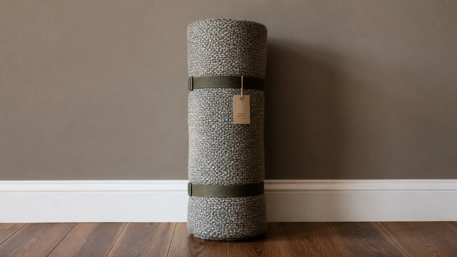 rolled wool rug tied and standing ready for professional cleaning